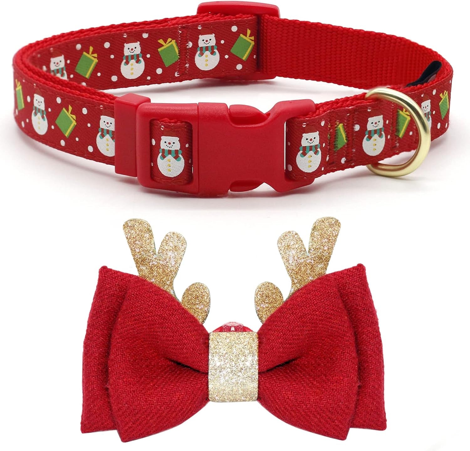 Christmas Dog Collar Adjustable Xmas Dog Collar with Christmas Antler Bow Tie Accessories Snowman Dog Collar for Medium Dogs